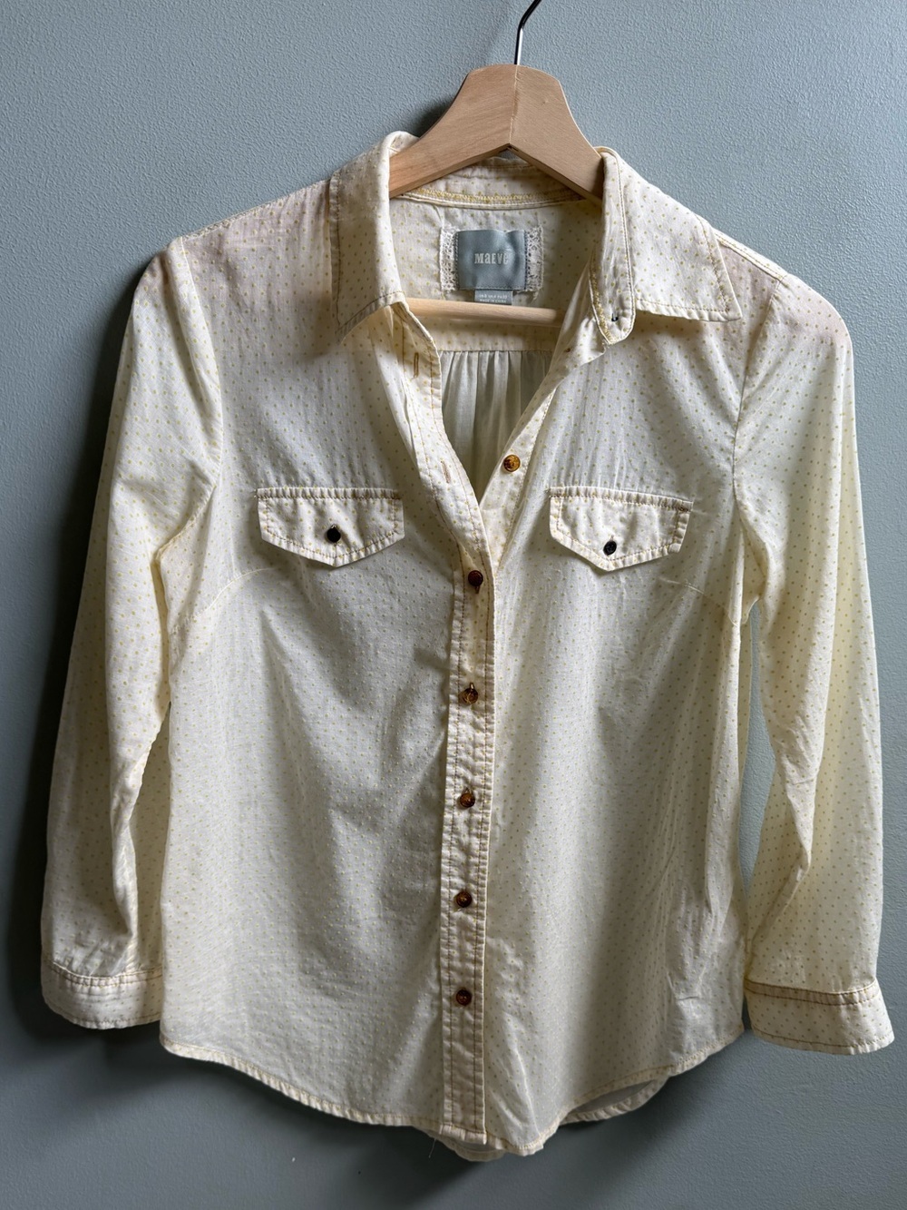 Maeve Anthropologie Swiss Dot Button Down Shirt Butter Yellow Sheer